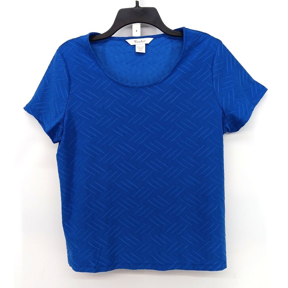 TanJay Blouse Womens Medium Blue Textured Short Sleeve Round Neck Casual Top